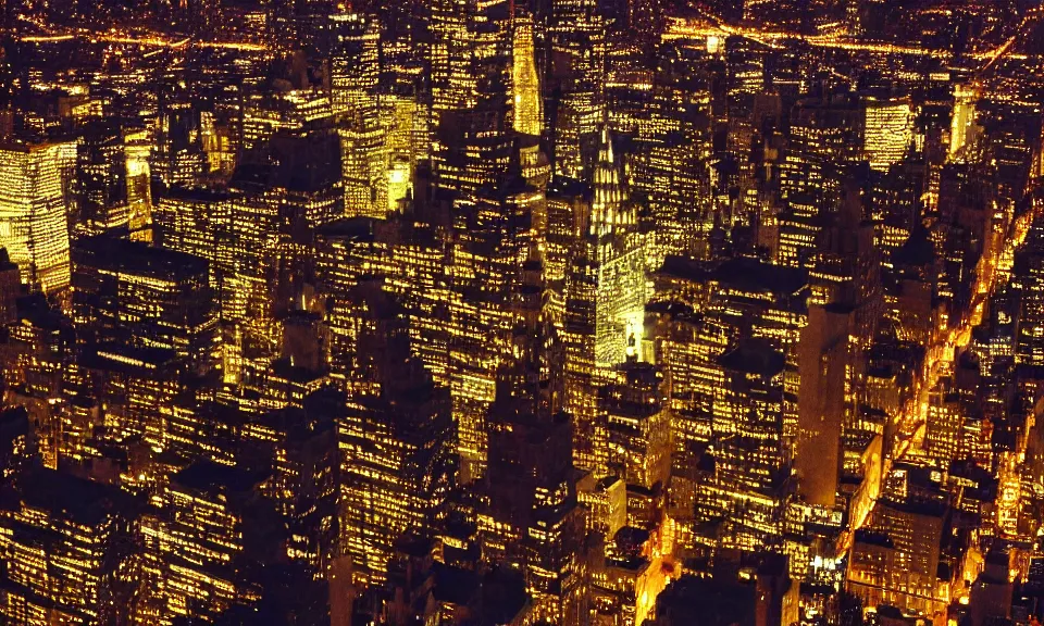 Image similar to photo of new york city at night, birdseye view, 4k, grainy, film photography