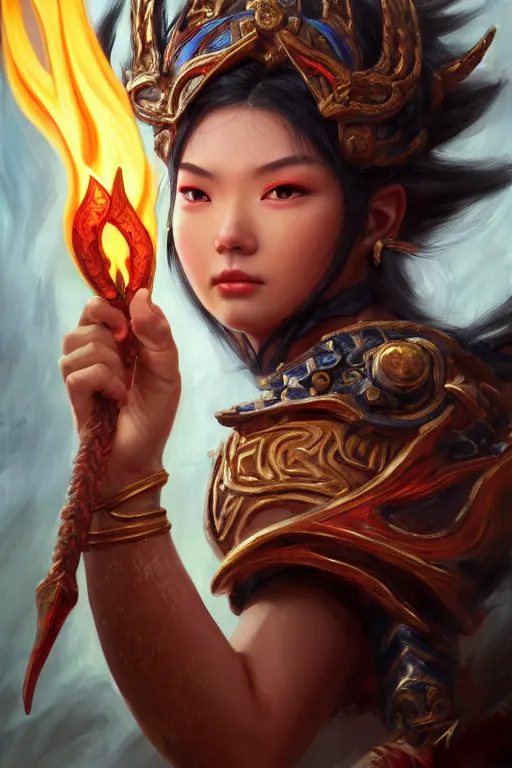 Image similar to a masterpiece portrait of nezha, legendary god holding spear, man, flame everywhere, epic pose, fantasy character portrait, closeup shot, hyper detailed, digital painting, 8 k realistic, trending on artstation, sharp focus, dof, by fenghua zhong, artgerm, ne zha from smite, jeff easley, raymond swanland