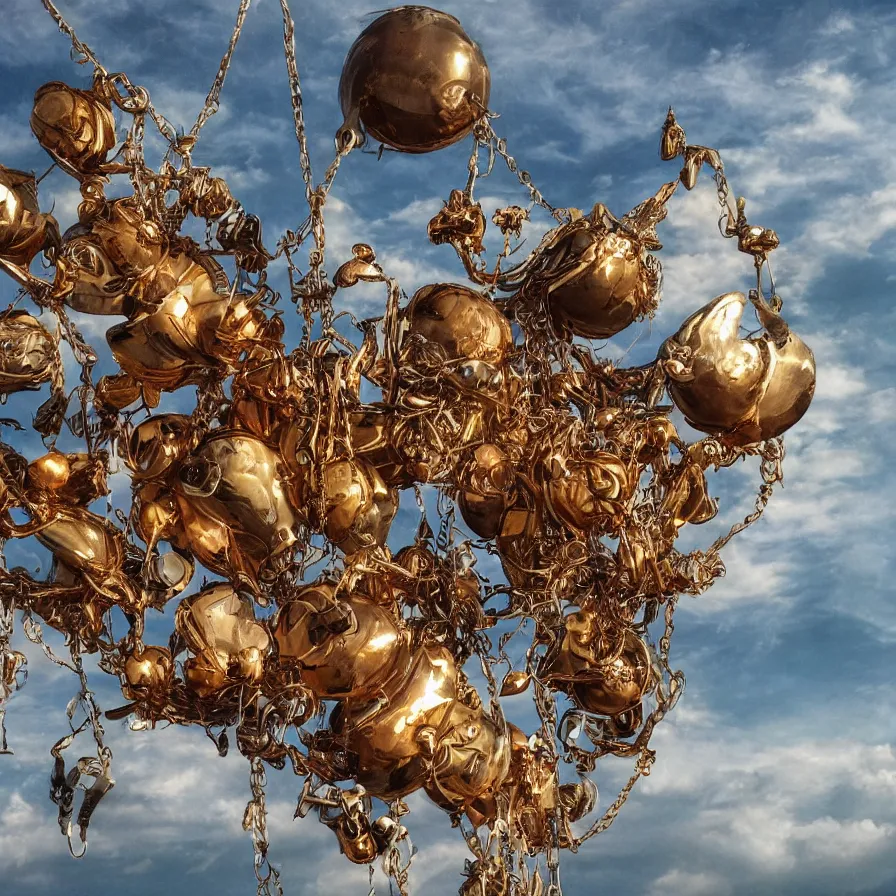 Image similar to beautiful blimps high in the sky, copper chains hanging from the edges, steampunk styled, golden hour, steam clouds, clouds, valves, award winning photography, highly detailed, low poly, extremely wide angle