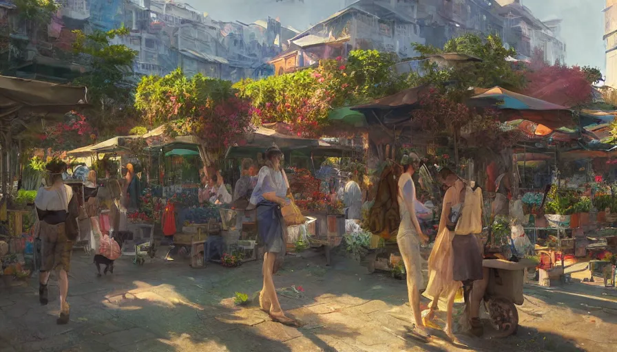 Image similar to craig mullins and ghibli digital illustration of solarpunk farmers market, festival, colorful, unreal engine, hyper realism, realistic shading, cinematic composition, realistic render, octane render, detailed textures, photorealistic, wide shot