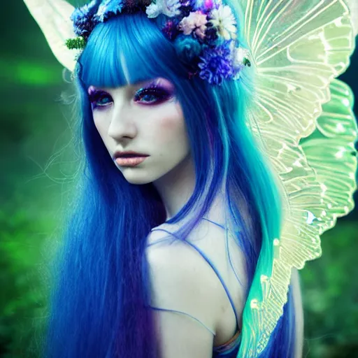 Prompt: portrait by bella kotak, high fashion model, beautiful fairy, translucent butterfly fairy wings, a forest clearing in the background, luminescent holographic colors, otherworldly, high fantasy art, soft glow, iridescent colors, ethereal aesthetic, intricate design, fae elements, detailed shiny blue hair, whimsical, atmospheric,