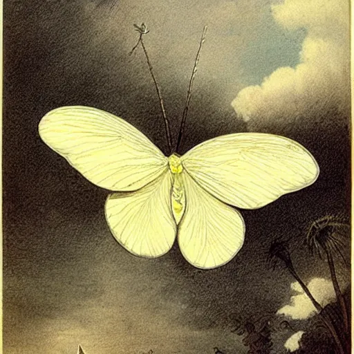 Prompt: A beautiful installation art of a white butterfly fluttering away, into bright light. light yellow by J. J. Grandville perspective, ordered