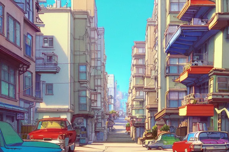 Image similar to still from studio ghibli movie'alone in san francisco'; 8 k ; very detailed, focused, colorful, antoine pierre mongin, trending on artstation ;