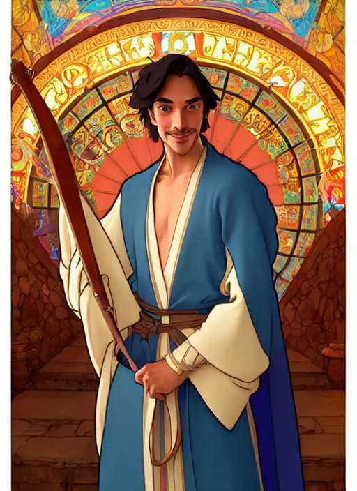 Image similar to tanned medieval diplomat wearing colourful silk robes holding lute, natural lighting, path traced, highly detailed, high quality, digital painting, by don bluth and ross tran and studio ghibli and alphonse mucha, artgerm