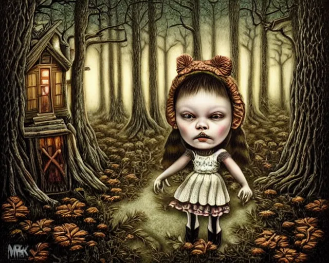 Image similar to intricate detailed portrait of a character in front of a cabin in a dark mysterious forest by mark ryden