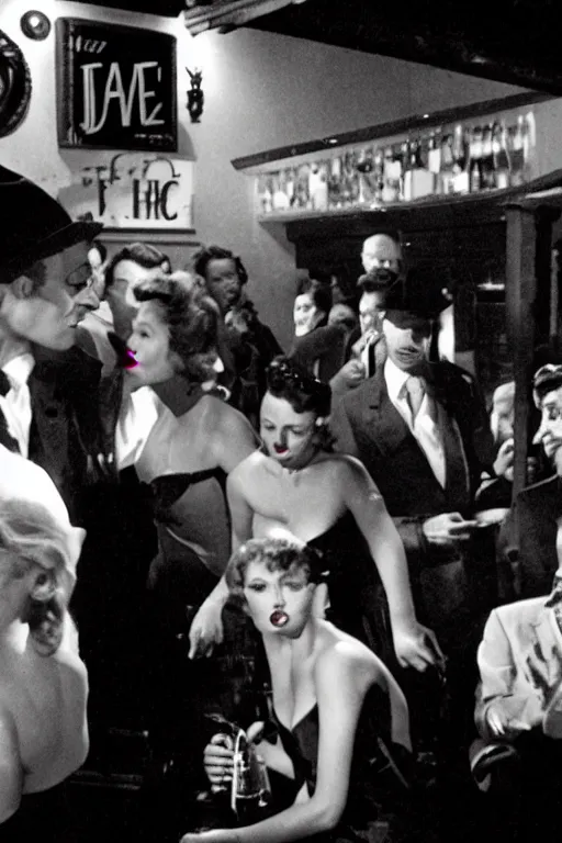 Prompt: film noir jazz bar, crowds of people, she arrived in a red dress