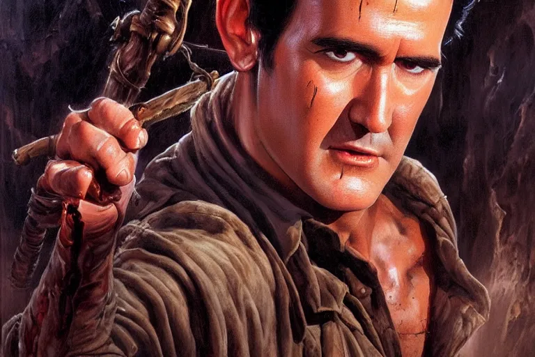 Prompt: portrait of young bruce campbell from evil dead as indiana jones in the temple of doom ( 1 9 8 4 ). oil painting elegant, highly detailed, centered, digital painting, artstation, concept art, smooth, sharp focus, illustration, artgerm, tomasz alen kopera, peter mohrbacher, donato giancola, joseph christian leyendecker drew struzan