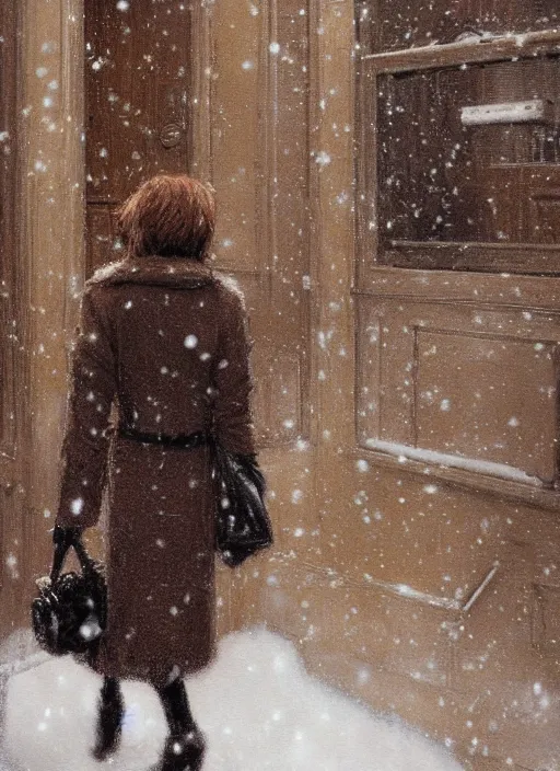 Image similar to back of emma stone in beige coat, walking into new york apartment building in winter, opening door, building entrance, snow, zoomed out, artwork by gaston bussiere, craig mullins, trending on artstation