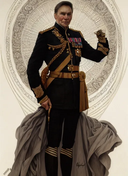 Image similar to portrait of supreme leader francois legault, royalty, extravagant, lord, full body, military uniform, fantasy, intricate, elegant, beautiful, highly detailed, charcoal, centered, dark, smokey, digital painting, artstation, concept art, art by artgerm and greg rutkowski and alphonse mucha