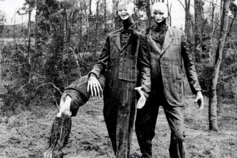 Image similar to an very old photo of slenderman grabbing a dead body