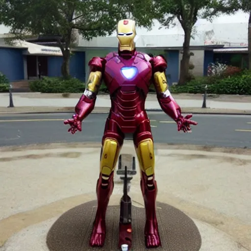 Prompt: a statue of Iron Man made from beer bottles