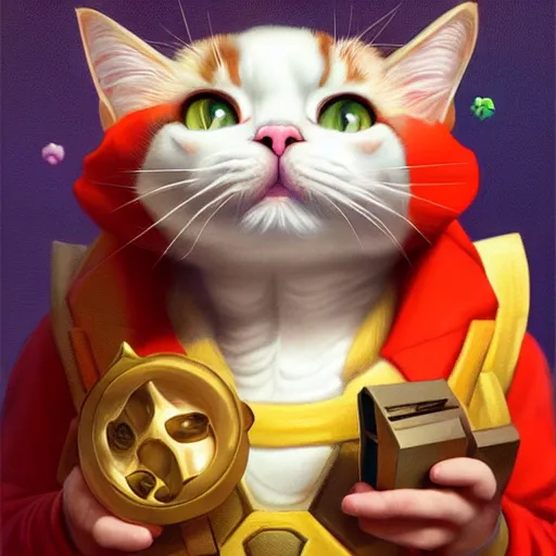 Image similar to Cat as Super Mario, highly detailed, digital painting, artstation, concept art, smooth, sharp focus, illustration, art by artgerm and greg rutkowski and alphonse mucha