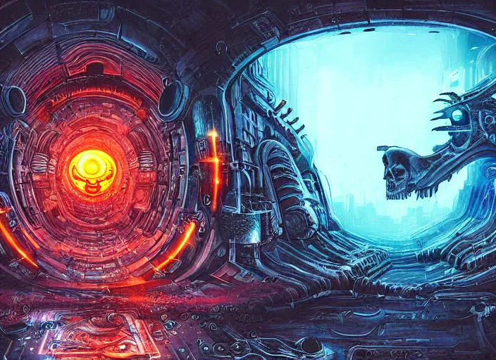 Prompt: a futuristic skull with glowing eyes and a wormhole tunnel, cyberpunk art by android jones