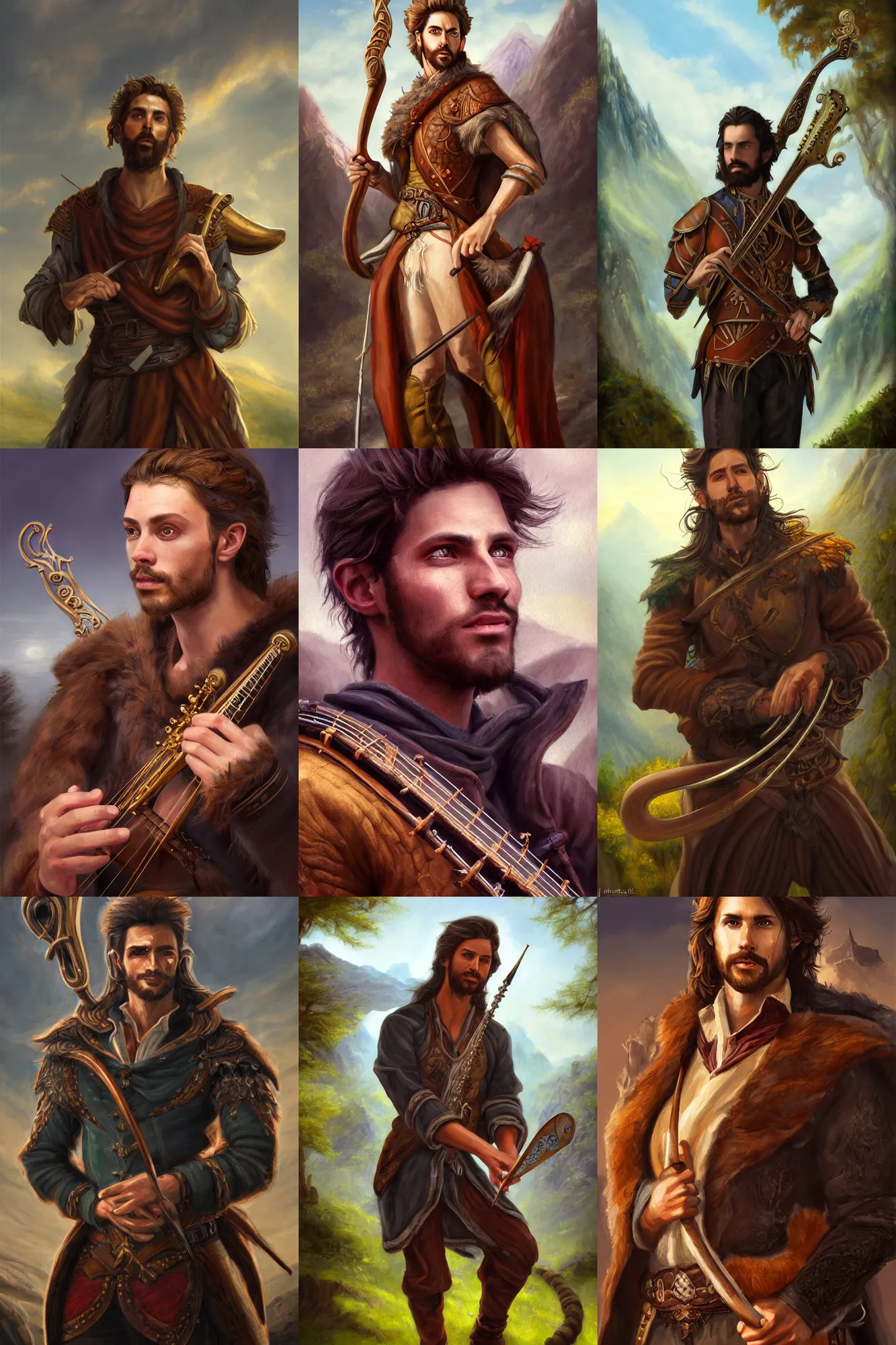 Image similar to a full body high detail fantasy portrait oil painting illustration of a single handsome male bard by justin sweet with face and body clearly visible, in a scenic background, intense eyes, realistic proportions, d & d, rpg, forgotten realms, artstation trending, high quality, sombre mood, artstation trending, muted colours, entire person visible!