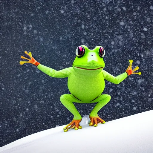 Prompt: 3 d octane render of a man dressed like a frog skiing down a snowy mountain