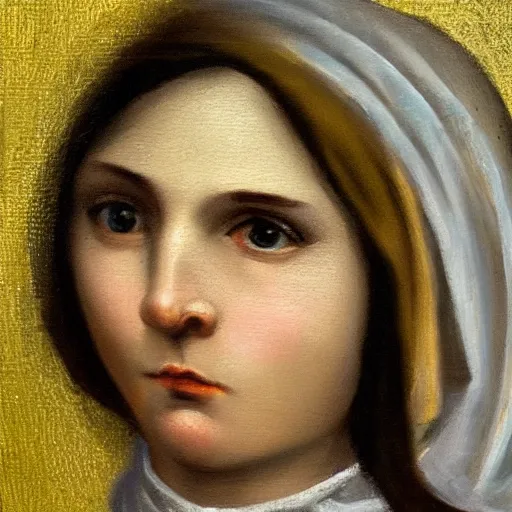 Prompt: saint mary, close up of face, beautiful and detailed eyes, oil painting in the style of gustave courbet