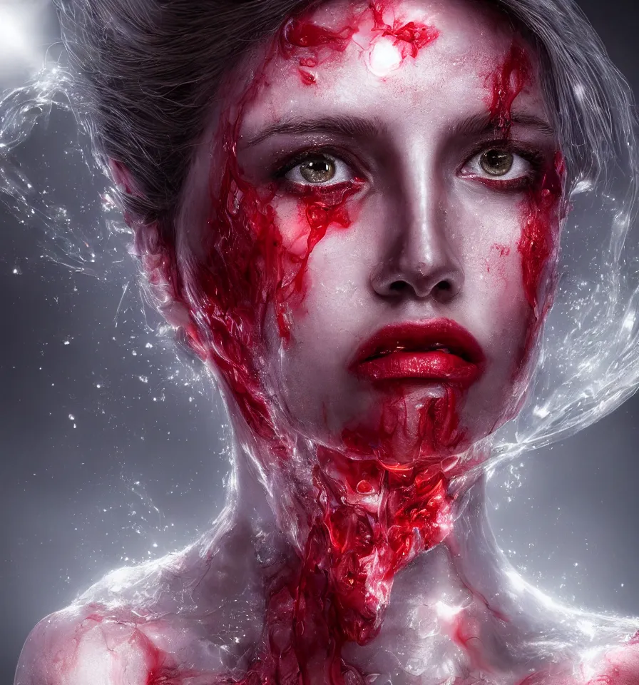 Prompt: a frontal face portrait of transparent and beautiful elegant elemental entity made of blood + dissolving in to light + backlit + incredible lighting+ strong rim light + highly detailed + god rays + digital painting + HDRI, by Andon Hristov, vivid colors, high contrast, 8k resolution, intricate, photorealistic, smooth