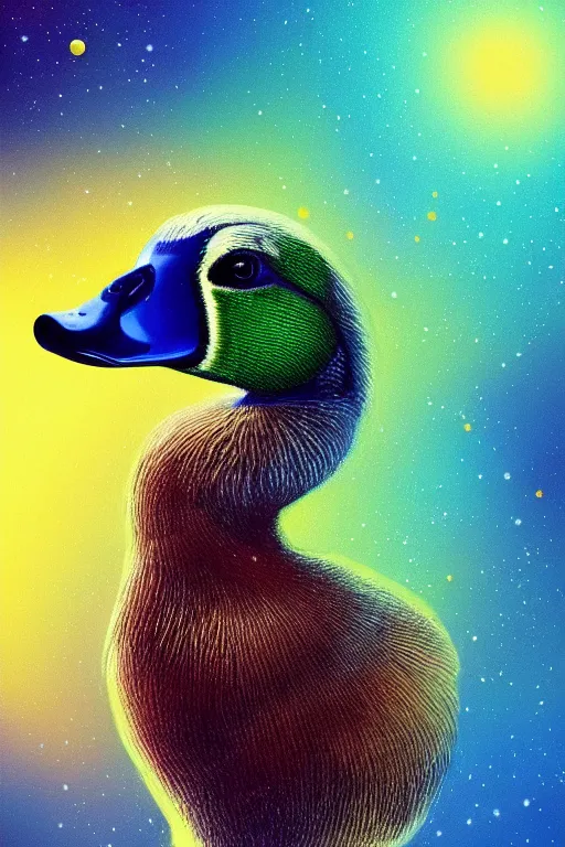 Prompt: a portrait cute mallard duck in space having fun and enjoying life, trending on artstation