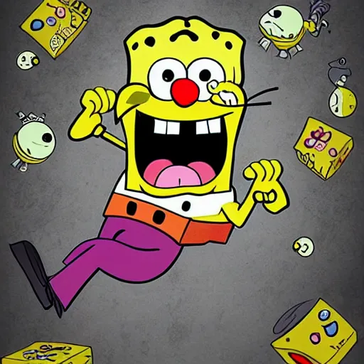 Prompt: spongebob squarepants, evil, sharp teeth, bad teeth, angry, horror, dramatic, in the style of phil jimenez