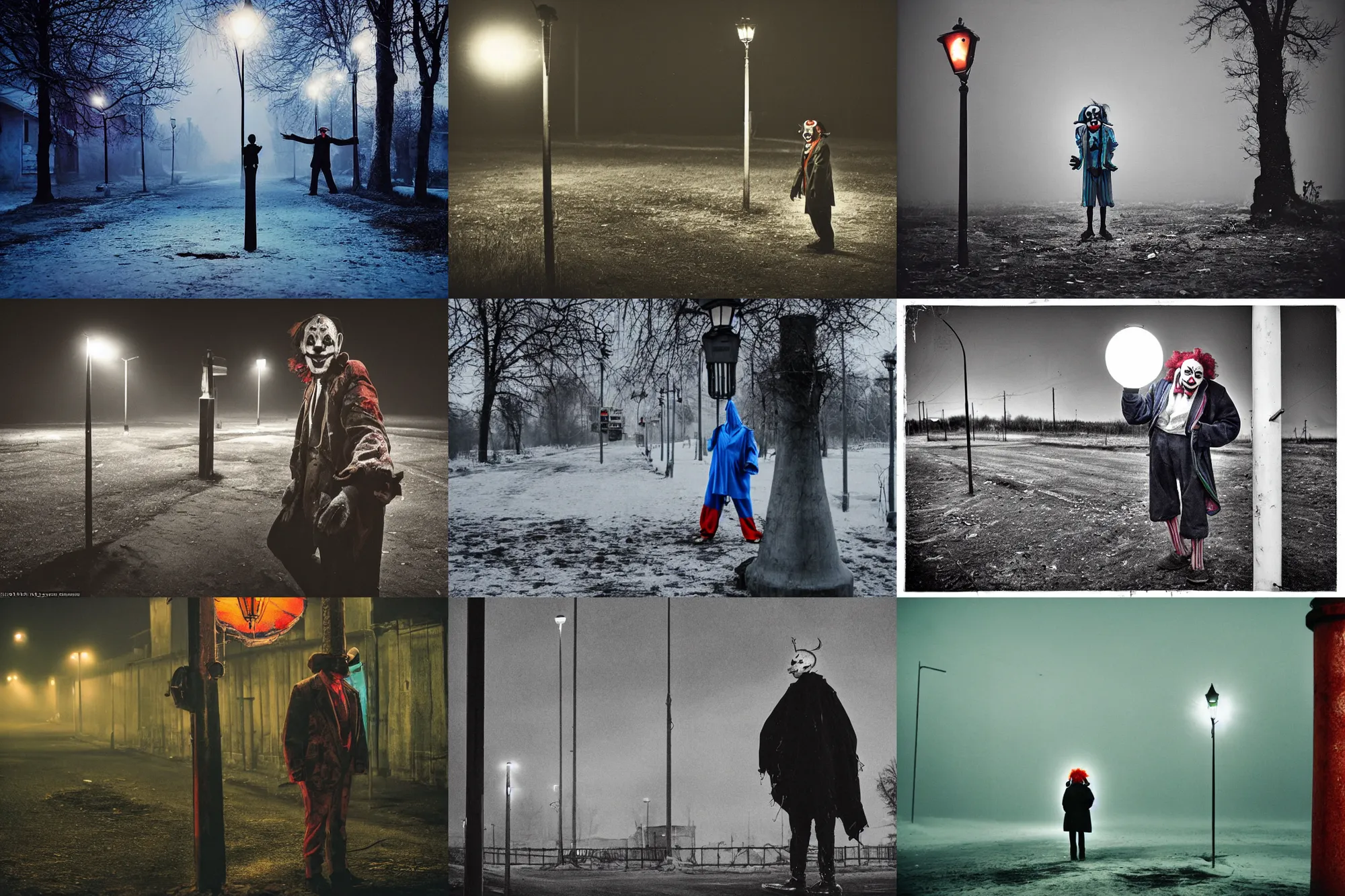 Prompt: a thin scary clown in torn clothes stands under a lamppost that shines a blue light on the clown, pitch darkness around the post, everything happens in an old Soviet village, Colourful, Cinematic, filmic, 35mm, dark atmosphere, horror, scary, Wildlife photography