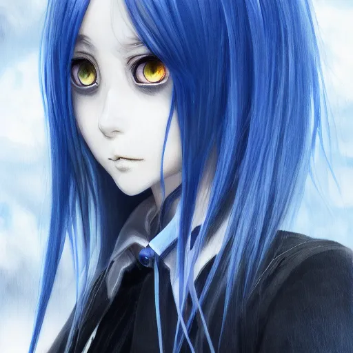 Image similar to full face shot of rimuru tempest, sky blue straight hair, long bangs, with amber eyes, wearing a fancy black jacket, high collar, ultra detailed, brush strokes, digital painting, cinematic, fxiv, wlop artstation, closeup, pixiv, eerie, scary, intimidating glare, evil, yoshitaka amano, junji ito,