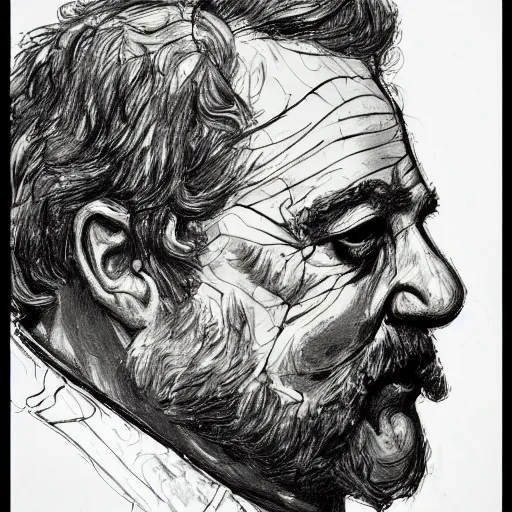 Image similar to a realistic yet scraggly portrait sketch of the side profile of a stern and sophisticated gaben newell, trending on artstation, intricate details, in the style of frank auerbach, in the style of sergio aragones, in the style of martin ansin, in the style of david aja, in the style of mattias adolfsson