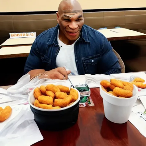 Prompt: Mike tyson sitting at a table in McDonald’s eating 200 chicken nuggets