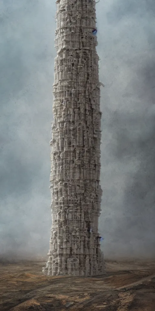 Image similar to urreal theory of a white stepped high tech architecture, ancient epic tower of babylon in the mining tailings in the desert, biroremediation plant, foggy, patchy cactus, oil painting, pale colors, high detail, 8 k, wide angle, trending on artstation, behance