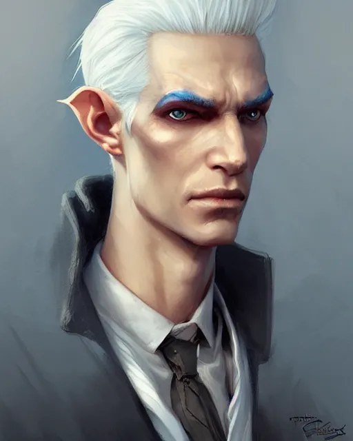 Image similar to character portrait of a slender half - elven man with white hair and blue eyes, by greg rutkowski, mark brookes, jim burns, tom bagshaw, trending on artstation