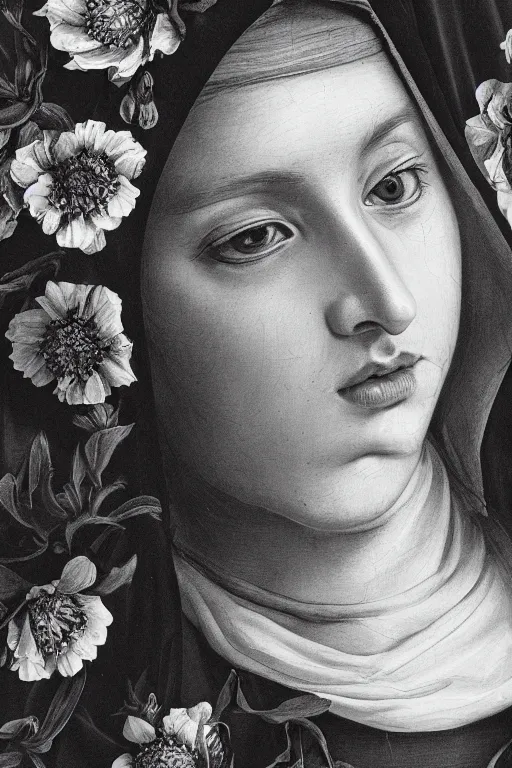 Prompt: hyperrealism, extreme close-up, black flowers covering young beautiful nun face, wearing hyper detailed black clothes, in style of classicism