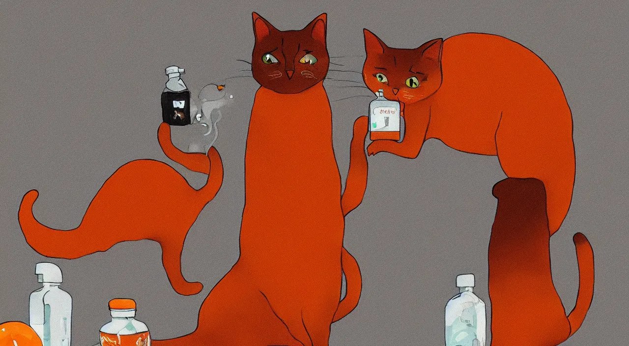 Image similar to a cat standing next to a bottle of medicine. orange cat. animal. digital art. artstation. illustration. separate.