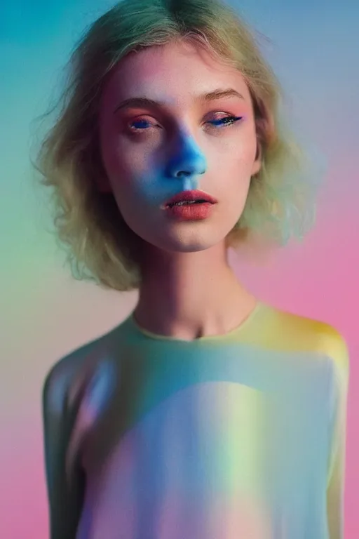 Image similar to high quality pastel coloured film close up wide angle photograph of a model wearing clothing resting on cloud furniture in a icelandic black rock!! environment in a partially haze filled dreamstate world. three point light, rainbow. photographic production. art directed. pastel colours. volumetric clouds. pastel gradient overlay. waves glitch artefacts. extreme facial clarity. 8 k. filmic.