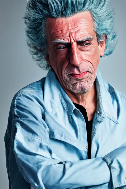 Prompt: Hyperrealistic Studio Photograph of real life Rick Sanchez by Annie Liebovitz 50mm. f/1.4. trending on artstation shocking detail