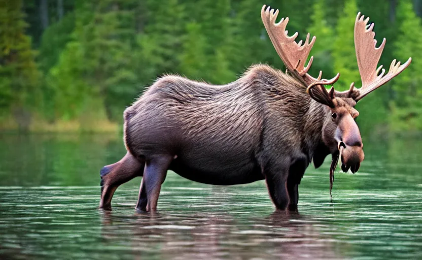Image similar to moose beaver hybrid, tail, rodent, teeth, antlers, drinking at a lake, photorealistic, photography, nature, forest, wildlife