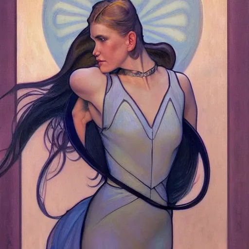 Image similar to a streamline moderne painting in the style of donato giancola, and in the style of charlie bowater, and in the style of alphonse mucha. symmetry, smooth, sharp focus, semi - realism, intricate detail.