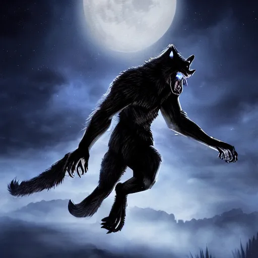 Image similar to werewolf, dramatic pose, full moon background, dramatic lighting, photorealistic uhd 8 k, award - winning videogame promotional art