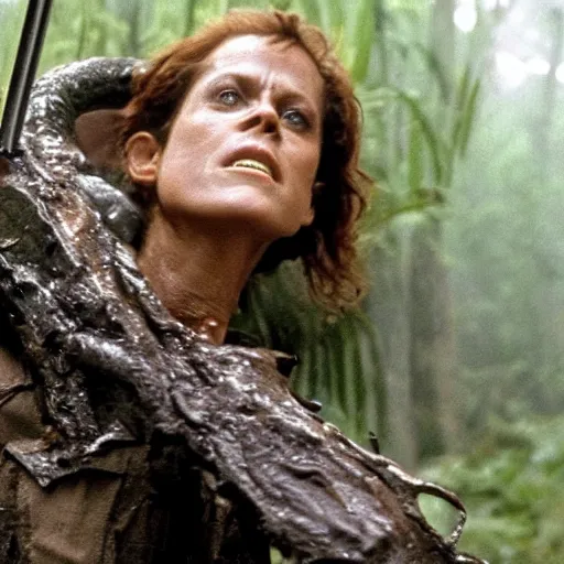 Prompt: film still of a mud - covered sigourney weaver as major dutch hiding behind a rock from the predator in predator 1 9 8 7, hd, 8 k