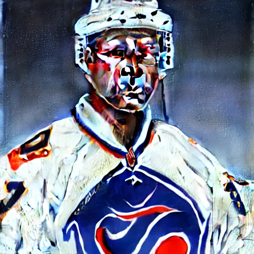 Image similar to beautiful portrait of hockey coach Clint Malarchuk, fantasy, intricate, elegant, highly detailed, digital painting, artstation, concept art, smooth, sharp focus, luxury fashion illustration, art by artgerm and greg rutkowski and alphonse mucha, brightly lit cinematic soft lighting, photorealistic