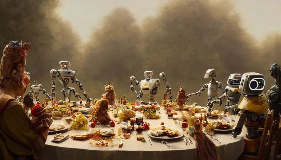 Image similar to a table dinner of robots where robots are dressed like the characters from the midsommar movie, ornate, sharp focus, wide shot, trending on artstation, masterpiece, by greg rutkowski, by ross tran, by fenghua zhong, octane, soft render, ultrarealistic, colorful, cinematic