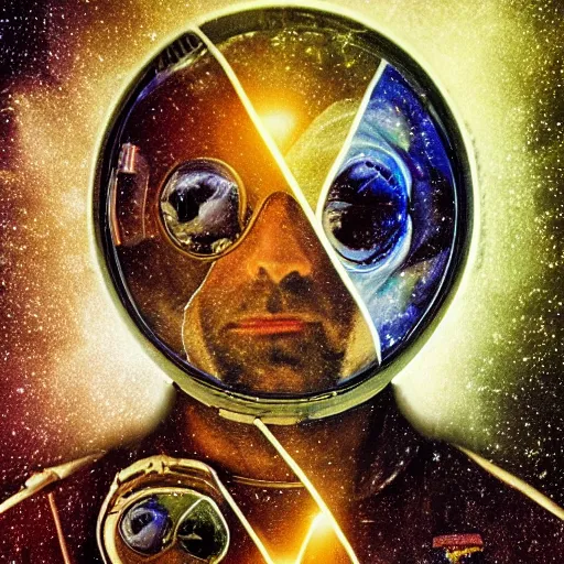 Image similar to double exposure portrait of astronaut and another astronaut with space and time in the the background by davinci, circles, psychedelic, pencil art, high definition, dynamic lighting stars, sharpness, golden ratio