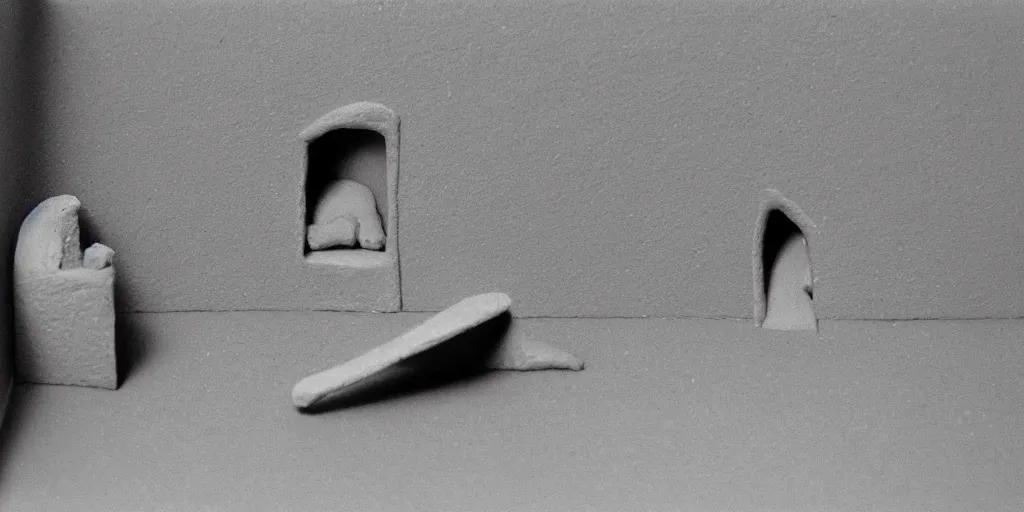 Prompt: plasticine model of stop motion figures clay. minimal. tilt shift. fish tank in. gallery. visitors. [ [ salvador dali ] ] photorealistic. john craxton. small hole in wall