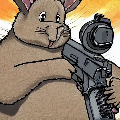 Prompt: fuzzy big chungus holding two mac - 1 0 s, shooting into the sky