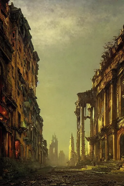 Image similar to beautiful matte painting street art fantasy ruins skyline background painted, intricate, volumetric lighting, beautiful, rich deep colors masterpiece, sharp focus, ultra detailed by john atkinson grimshaw