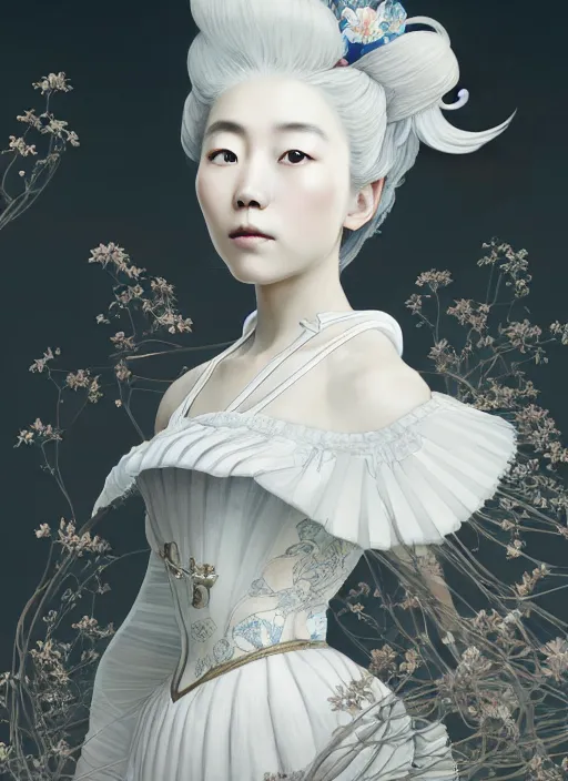 Image similar to portrait of a beautiful japanese princess with white hair dressed as a french maid, elegant, highly detailed, digital painting, an ultrafine detailed illustration by james jean, intricate linework, octane render, by ruan jia and zeen chin and alphonse mucha, unreal engine 5 highly rendered, ethereal, ominous, detailed and intricate environment