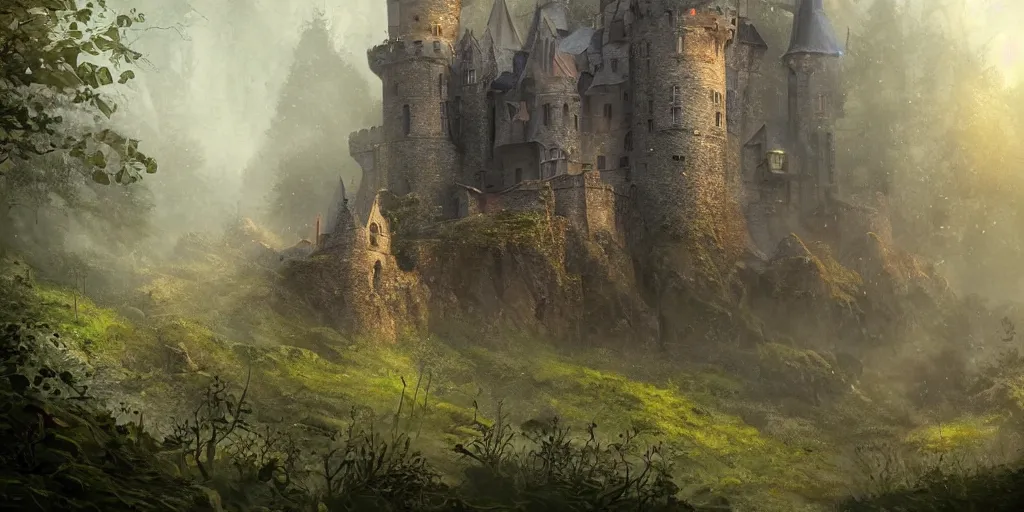 Prompt: medieval castle in a mystical forest, glowing flies scattered, high focus, high detail, artgerm, cgsociety