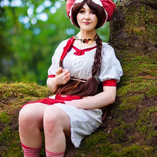 Prompt: woman with long curly read hair in villager cosplay from animal crossing. beautiful. relaxed. realistic photo. cosplay photoshoot. high detail. convention photo.
