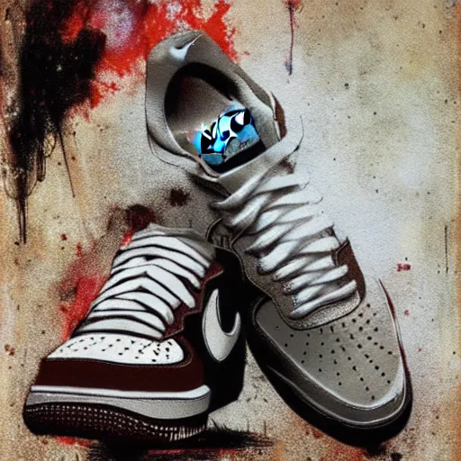 Prompt: high detail photograph, 8 k uhd : ( subject = nike airforce 1 shoes + subject detail = art by christopher shy, custom made )