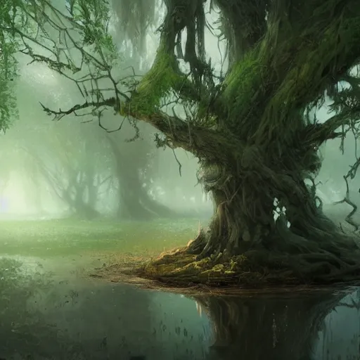 Image similar to a beautiful tree in the middle of a swamp, digital Art, Greg rutkowski, Trending artstation, cinematic