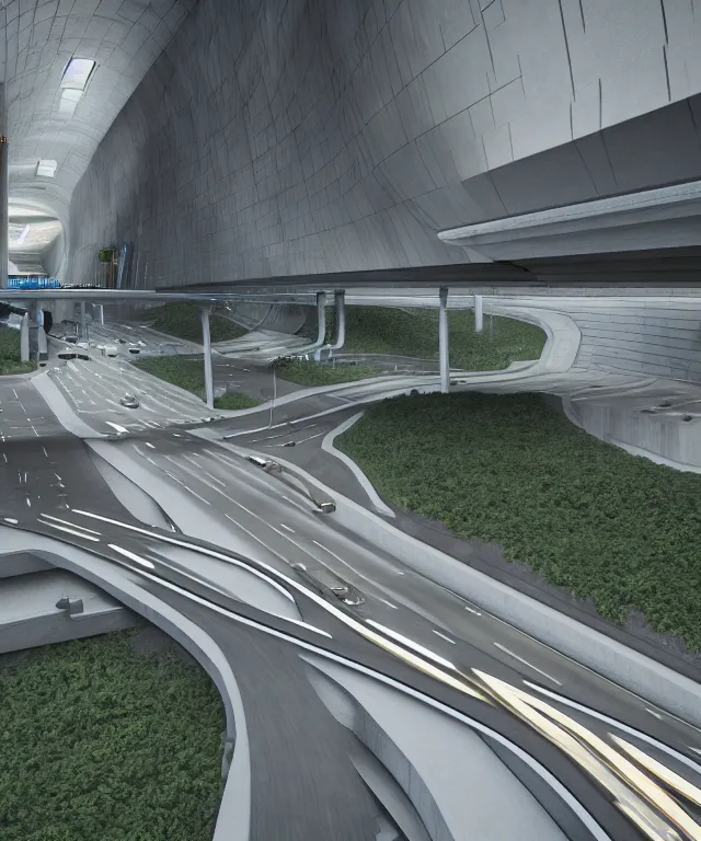 Image similar to ralph mcquarrie and denis villeneuve establishing shot of modern bjarke ingels condo building and gotthard tunnel entrance combined, roads tunnel under bjarke ingels condo building, lush scenery, scifi artstation digital concept art, unreal engine, hyper realism, realistic shading, cinematic composition, blender render, octane render, wide shot