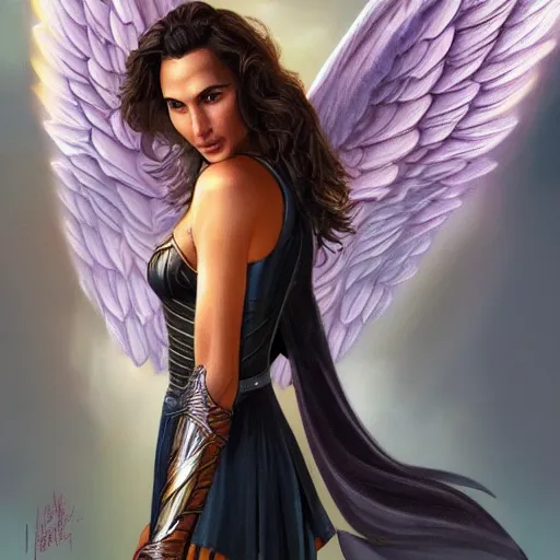 Prompt: Full body potrait of Gal Gadot as an angel, fantasy, intricate, elegant, highly detailed, digital painting, smooth, sharp focus, illustration